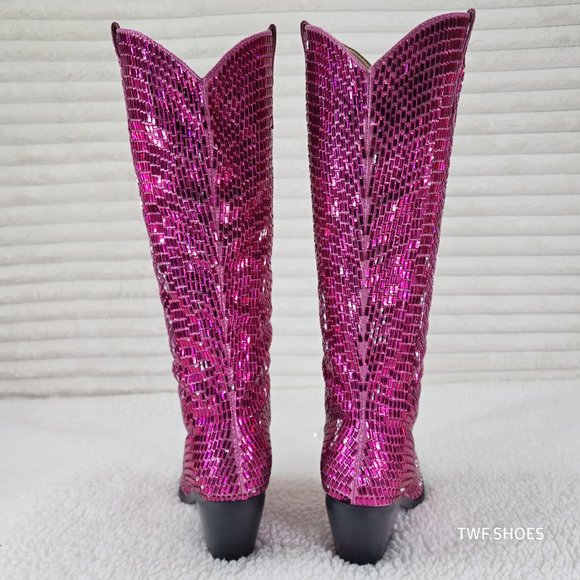 Mirage Fuchsia Pink Rhinestone Pull On Western Cowgirl Knee Boots - Picture 4 of 17